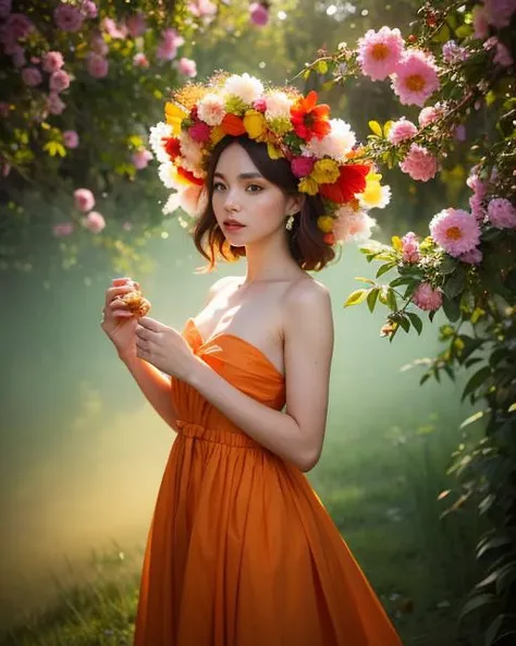 highly detailed face, sharp focus, cinematic shot, best quality, HDR, raw photo, film grain, cinestill 50d , anamorphic lens , 35mm lens , sci-fi movie scene, cinematic lighting, Cinemascope ,
(masterpiece, best quality:1.5), ultra realistic,32k,RAW photo,(high detailed skin:1.2), 8k uhd, dslr, soft lighting, high quality,
Mysterious woman, vibrant orange dress, large floral headdress, wild branches, scattered flowers, high-resolution photography, digital art, surrealist, ethereal, fantastical, high fashion editorial, Tim Walker-inspired staging, Vogue editorial style, ultra-sharp focus, high definition, mystical, dream-like quality, otherworldly atmosphere, iridescent golds, lush greens, vibrant orange, pastel mists, multicolored smoke, soft diffused lighting, ethereal glow, high contrast with shadows.