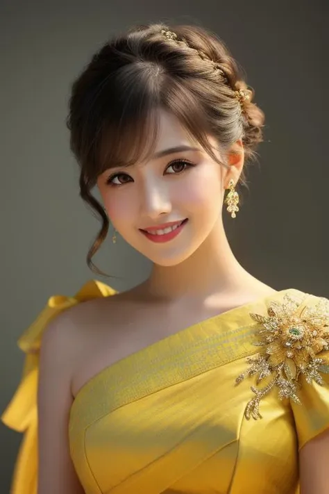 photo of beautiful (4l4n4bc:0.99), a woman with perfect hair upsweep updo, wearing (shoulder sash:1.1), (plain yellow background:1.1), modelshoot style, (extremely detailed CG unity 8k wallpaper), professional majestic photography, ((smiling:1.2)), (Leica M6 Camera), 24mm, exposure blend, hdr, faded, extremely intricate, High (Detail:1.1), Sharp focus, dramatic, soft cinematic light, (looking at viewer), (detailed pupils), 4k textures, soft cinematic light, adobe lightroom, photolab, elegant, ((((cinematic look)))), soothing tones, insane details, hyperdetailed, low contrast
