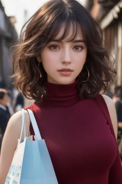 photo of extremely sexy (zend4y4-160:0.99), a woman as a sexy student, ((closeup portrait:1.2)), (curly hair), modelshoot style, (extremely detailed CG unity 8k wallpaper), photo of the most beautiful artwork in the world, professional majestic oil painting by Ed Blinkey, Atey Ghailan, Studio Ghibli, by Jeremy Mann, Greg Manchess, Antonio Moro, trending on ArtStation, trending on CGSociety, Intricate, High Detail, Sharp focus, dramatic, photorealistic painting art by midjourney and greg rutkowski, (red tight turtleneck top:1.2), (long skirt:1.1), ((crowded slums street)), (looking at viewer:1.2), (detailed pupils:1.3), (holding a shopping bag:1.1)