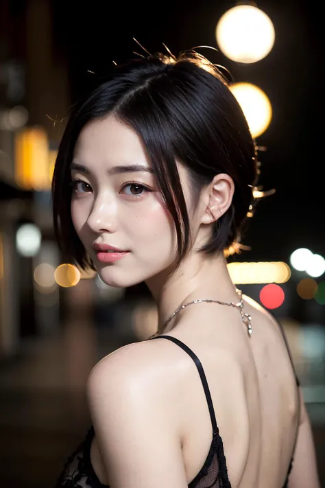 (4k, RAW photo, best quality, masterpiece:1.2), ultra high res, (photo realistic:1.2), High detail RAW color photo, professional photograph,  (realistic, photo realistic:1.4), ((best quality)),short hair,japanese girl,(face focus:1.2),night town, seductive smile,from behind