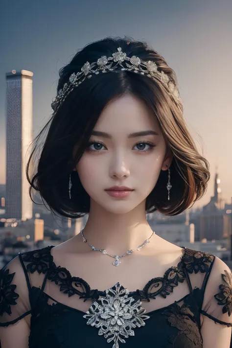 masterpiece, best quality, highres,8k, portrait,beautiful black hair, intricate, elegant, highly detailed, majestic, digital photography, cityscape