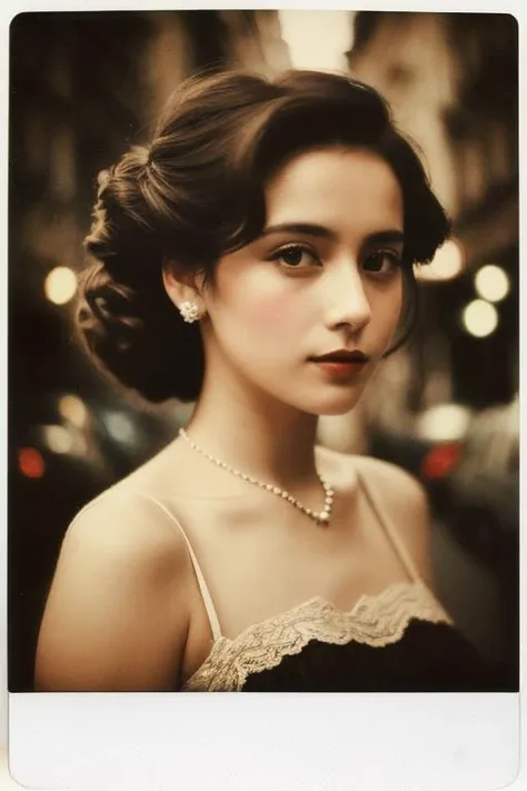 photo of (me1kaw:0.99), closeup portrait, perfect hair, hair upsweep updo, posing, (vintage photo, dress), (polaroid frame), 24mm, ((tintype)), (analog, film, film grain:1.3), ((on a Paris street, night, gritty)), ((detailed eyes)), (seductive pose), (epicPhoto)