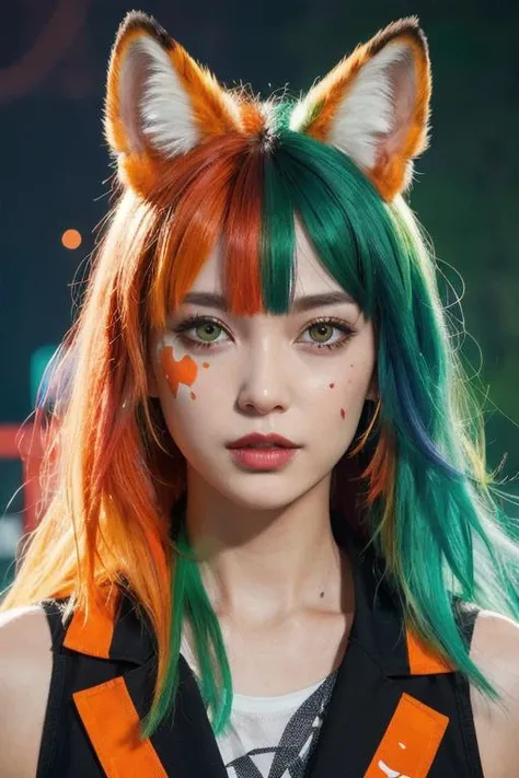 (masterpiece:1.1),(highest quality:1.1),(HDR:1),extreme quality,cg,(negative space),detailed face+eyes,1girl,fox ears,animal ear fluff,(plants:1.18),(fractal art),(bright colors),splashes of color background,colors mashing,paint splatter,complimentary colors,neon,(thunder tiger),compassionate,electric,limited palette,synthwave,fine art,tan skin,upper body,(green and orange:1.2),time stop,sy3,SMM,