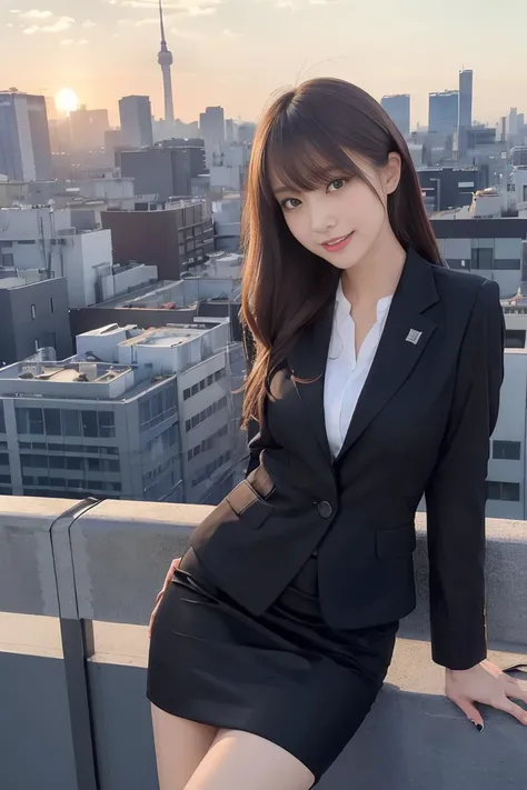 masterpiece, best quality, highres,detailed face,1girl, japanese,small breasts,smile,(simple business suit,jacket,pencil skirt:1.1),high heels,tokyo, rooftop, overlooking, bustling city, urban jungle, skyscrapers, panoramic view, sunset, skyline,windy,<lora:Cute Asian Face:0.5>,(orgasm:1.5),office,open mouth,from back,spread legs,windy