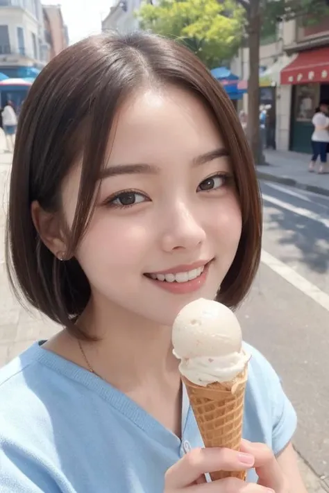 masterpiece, best quality, highres,1girl,beautiful woman,fellatio,face focus,ice cream,looking at viewer,smile, in street