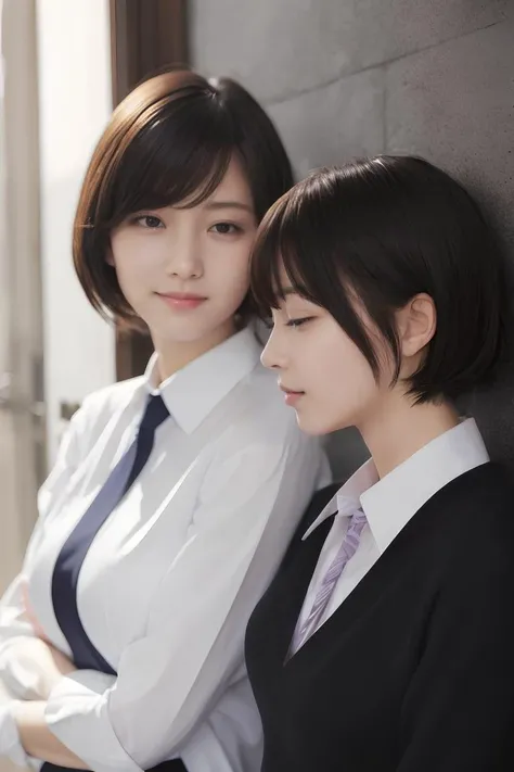masterpiece, best quality, highres, 2girl, japanese,(cute:1.1),black short hair,flat breasts,(school uniform:1.2),closed eyes, embarrassed,head tilt
AND masterpiece, best quality, highres, 2girl, japanese,(beutiy:1.1),mature female,dark long hair,large breasts,(simple suit:1.1),(dress shirt:1.1),looking at viewer,seductive smile