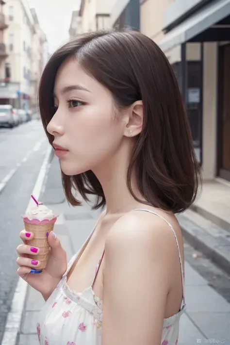 masterpiece, best quality, highres,1girl,beautiful woman,fellatio,face focus,ice cream,looking at viewer,from side, in street