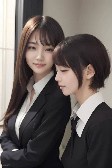 masterpiece, best quality, highres, 2girl, japanese,(cute:1.1),black short hair,flat breasts,(school uniform:1.2),closed eyes, embarrassed,head tilt
AND masterpiece, best quality, highres, 2girl, japanese,(beutiy:1.1),mature female,dark long hair,large breasts,(simple suit:1.1),(dress shirt:1.1),looking at viewer,seductive smile
