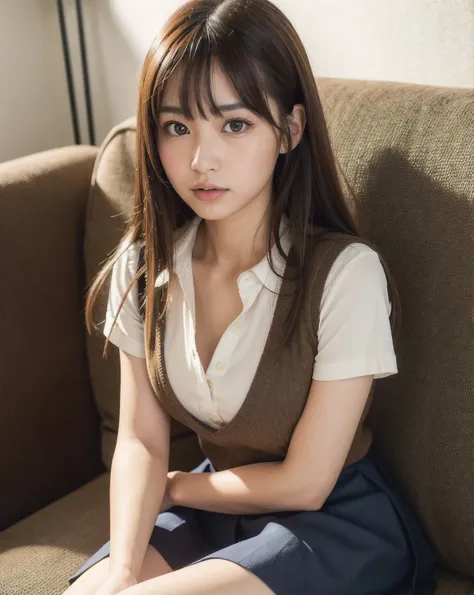 best quality, face focus, soft light, ultra high res, (photorealistic:1.4), RAW photo,
1japanese girl, solo, cute, (pupil, lights in the eyes),  detailed beautiful face, (small chest),(high resolution detail of human skin texture),
(long hair),
sit couch,
school uniform, charcoal vest, skirt,
(upper thigh)