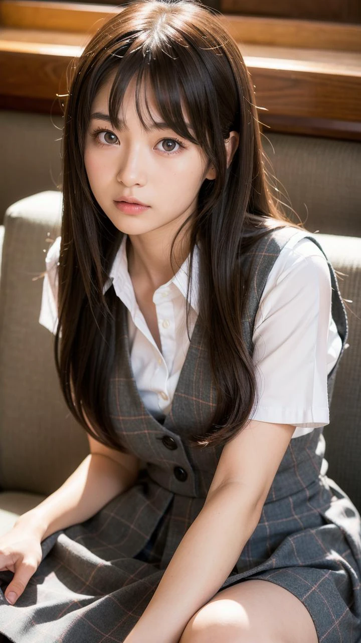 best quality, face focus, soft light, ultra high res, (photorealistic:1.4), RAW photo,
1japanese girl, solo, cute, (pupil, lights in the eyes), detailed beautiful face, (small chest),(high resolution detail of human skin texture),
(long hair),
sit couch,
school uniform, charcoal vest, skirt,
(upper thigh)