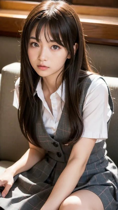 best quality, face focus, soft light, ultra high res, (photorealistic:1.4), RAW photo,
1japanese girl, solo, cute, (pupil, lights in the eyes),  detailed beautiful face, (small chest),(high resolution detail of human skin texture),
(long hair),
sit couch,
school uniform, charcoal vest, skirt,
(upper thigh)