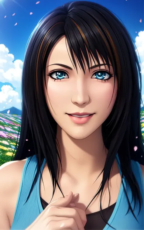 rinoa,blue duster,brown hair streaks,blue wristbands,<lora:Rinoa-v2:0.8>,hair blowing in the wind,unparalleled masterpiece,anime,perfect artwork,beautiful face,beautiful eyes,windy,perfect composition,technology,accurate hands,dramatic lighting,ray tracing,symmetrical eyes,smile,flowers,in a field of flowers,