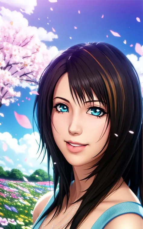 rinoa,blue duster,brown hair streaks,blue wristbands,<lora:Rinoa-v2:0.8>,hair blowing in the wind,unparalleled masterpiece,anime,perfect artwork,beautiful face,beautiful eyes,windy,perfect composition,technology,accurate hands,dramatic lighting,ray tracing,symmetrical eyes,smile,flowers,in a field of flowers,