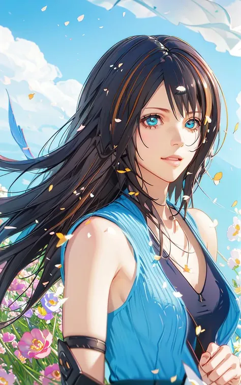 rinoa,blue duster,brown hair streaks,blue wristbands,<lora:Rinoa-v2:0.8>,hair blowing in the wind,unparalleled masterpiece,anime,perfect artwork,beautiful face,beautiful eyes,windy,perfect composition,technology,accurate hands,dramatic lighting,ray tracing,symmetrical eyes,smile,flowers,in a field of flowers,