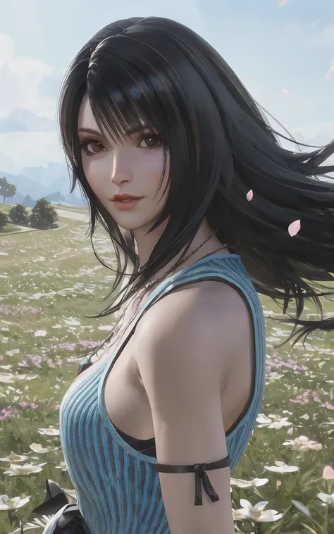<lora:Rinoa:0.8>, rinoa, blue duster, blue wristbands, half body, windy, wind, unparalleled masterpiece, ultra realistic 8k CG, perfect artwork, seductive posture, sexy pose, alluring, clean, beautiful face, pure face, pale skin, intricate detail, prestige, gorgeous, luxury, flower field, grass, meadow