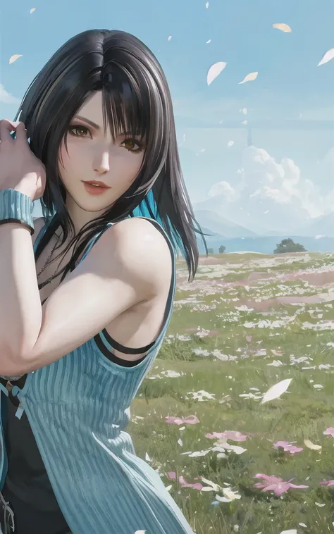 <lora:Rinoa:0.8>, rinoa, blue duster, blue wristbands, half body, windy, wind, unparalleled masterpiece, ultra realistic 8k CG, perfect artwork, seductive posture, sexy pose, alluring, clean, beautiful face, pure face, pale skin, intricate detail, prestige, gorgeous, luxury, flower field, grass, meadow