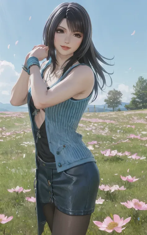 <lora:Rinoa:0.8>, rinoa, blue duster, blue wristbands, half body, smile, windy, wind, unparalleled masterpiece, ultra realistic 8k CG, perfect artwork, seductive posture, sexy pose, alluring, clean, beautiful face, pure face, pale skin, intricate detail, prestige, gorgeous, luxury, flower field, grass, meadow