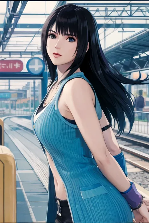 1girl, solo, masterpiece, best quality, rinoa, blue duster, blue wristbands, standing, arms behind back, from side, train station,
