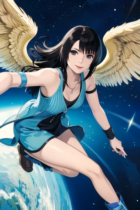1girl, solo, masterpiece, best quality, rinoa, blue duster, blue wristbands, cowboy shot, golden angel wings, smile, fullbody, flying, from side, outerspace,