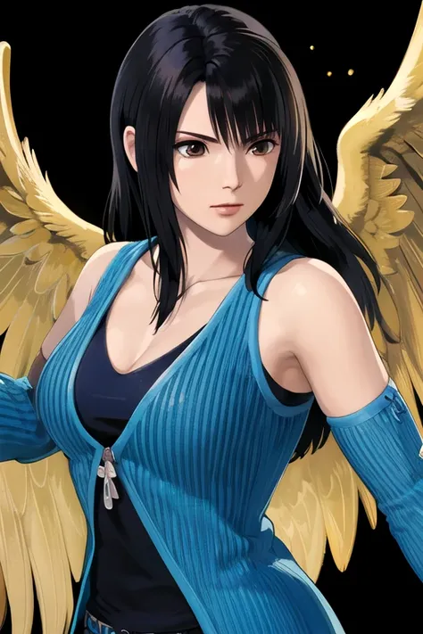 1girl, solo, masterpiece, best quality, rinoa, blue duster, blue wristbands, cowboy shot, golden angel wings, possessed, black background