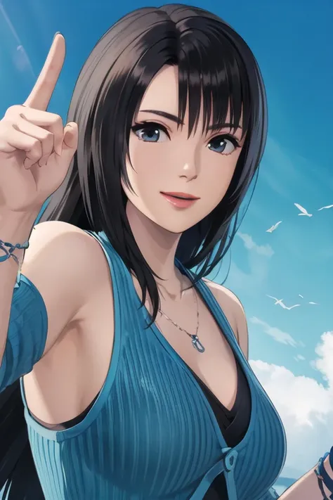 1girl, solo, masterpiece, best quality, rinoa, blue duster, blue wristbands, upper body, portrait, smile, finger pointing to sky,