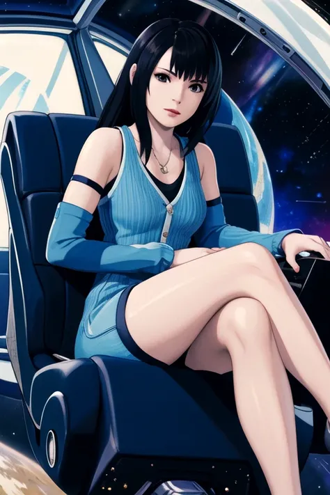 1girl, solo, masterpiece, best quality, rinoa, blue duster, blue wristbands, sitting in spaceship, legs crossed, outerspace,