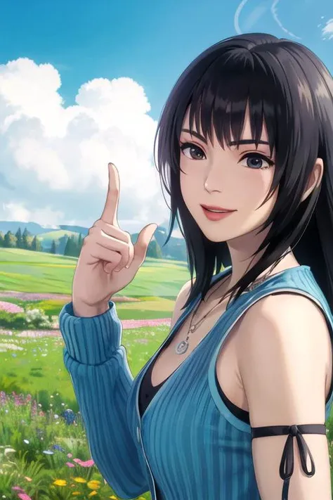 1girl, solo, masterpiece, best quality, rinoa, blue duster, blue wristbands, upper body, portrait, smile, from side, right finger pointing to sky, flower field,