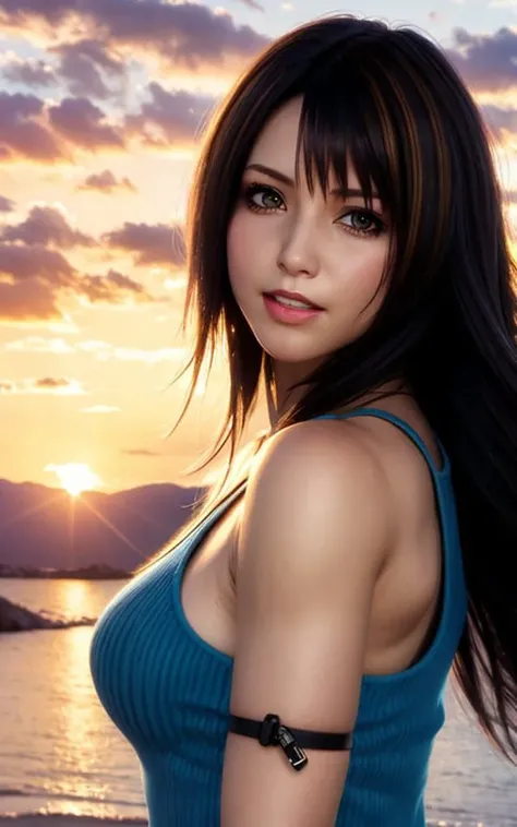 rinoa, blue duster, brown hair streaks, blue wristbands, half body, windy, wind, realistic, smile, dramatic sunset, backlight, <lora:Rinoa-v2:0.8>