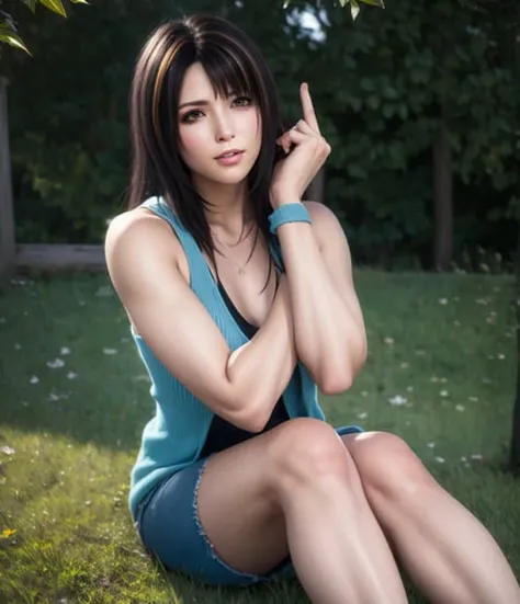 rinoa, blue duster, brown hair streaks, blue wristbands, black tanktop, <lora:Rinoa-v2:0.8>, hair blowing in the wind, unparalleled masterpiece, ultra realistic, 8k uhd, perfect artwork, beautiful face, beautiful eyes, windy, perfect composition, technology, accurate hands, dramatic lighting, ray tracing, symmetrical eyes, smile, full body, grassy meadow, (sitting), (finger point)