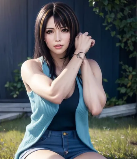 rinoa, blue duster, brown hair streaks, blue wristbands, black tanktop, <lora:Rinoa-v2:0.8>, hair blowing in the wind, unparalleled masterpiece, ultra realistic, 8k uhd, perfect artwork, beautiful face, beautiful eyes, action pose, windy, perfect composition, technology, accurate hands, dramatic lighting, ray tracing, symmetrical eyes, smile, full body, grassy meadow, (sitting)
