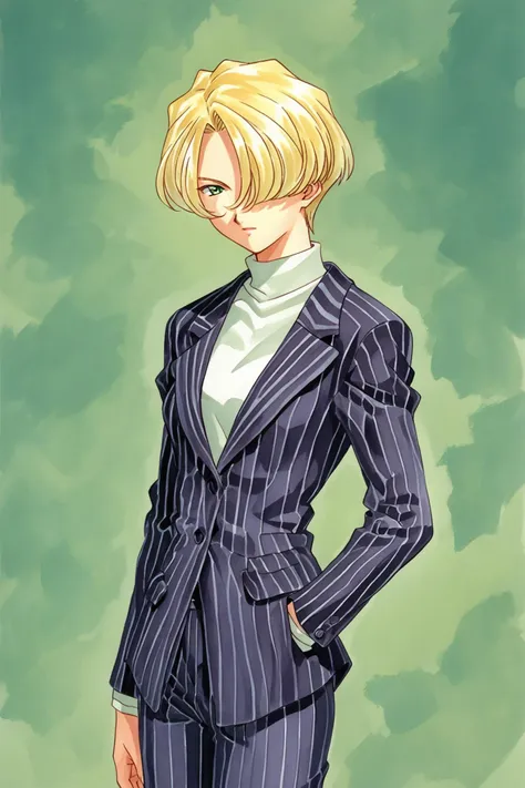 MariaTachibana,1girl,solo,blonde hair,hair over one eye,short hair,green eyes,business_suit,pinstripe suit,white turtleneck,pants,traditional media,score_9,score_8_up,<lora:Kosuke Fujishima_XL_PONY:0.8>,<lora:MariaTachibanaXLpony001:0.5>,