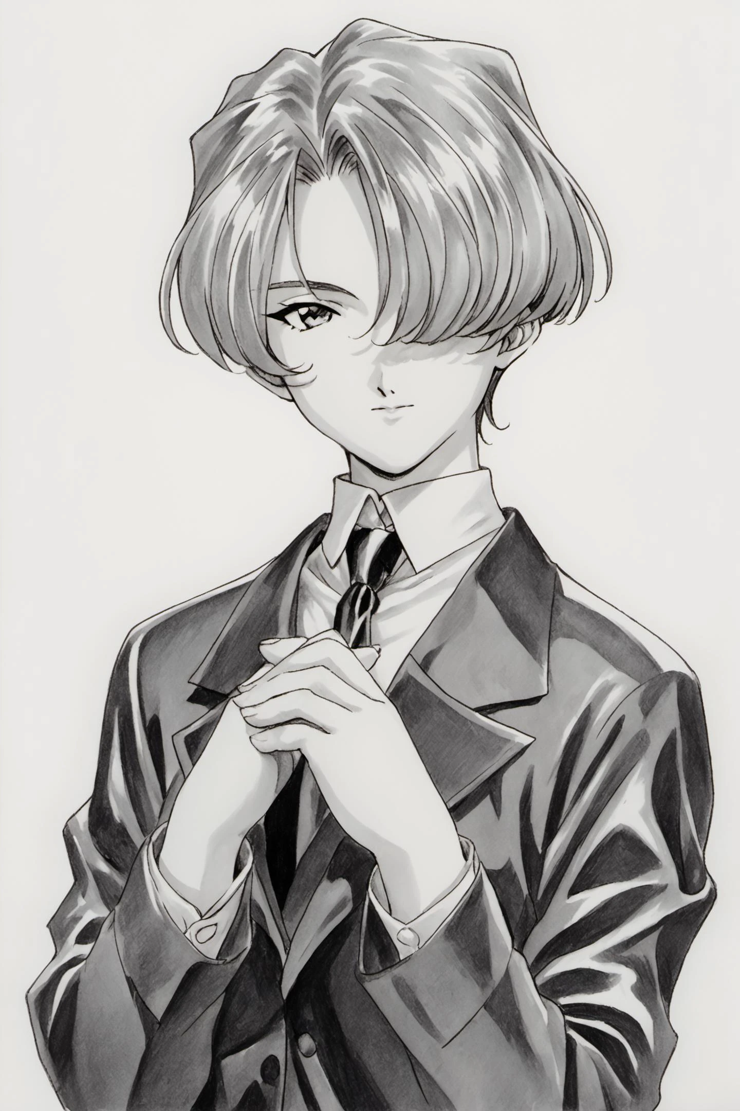 Maria Tachibana,solo,monochrome,hair over one eye,short hair,1girl,greyscale,upper body,simple background,white background,necktie,long sleeves,striped,traditional media,own hands together,shirt,formal,score_9,score_8_up,<lora:Kosuke Fujishima_XL_PONY:0.8>,<lora:MariaTachibanaXLpony001:0.5>,