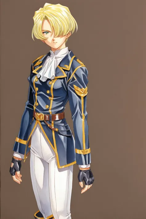 MariaTachibana,1girl,solo,blonde hair,hair over one eye,short hair,green eyes,military uniform,white ascot,long sleeves,belt,white pants,fingerless gloves,boots,standing,traditional media,colored pencil \(medium\),score_9,score_8_up,<lora:Kosuke Fujishima_XL_PONY:0.8>,<lora:MariaTachibanaXLpony001:0.5>,