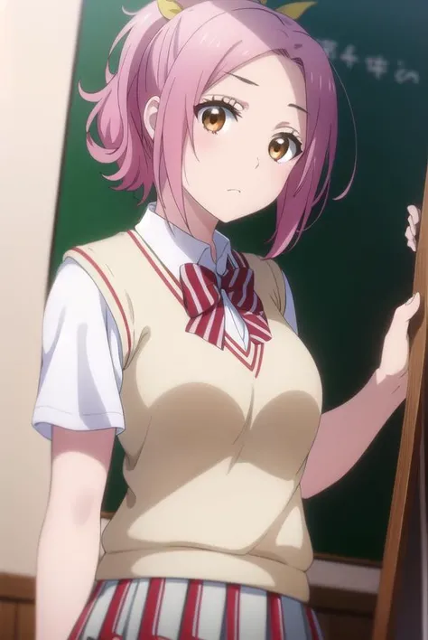mariasarushima, <lora:maria sarushima s1-lora-nochekaiser:1>,
maria sarushima, short hair, (brown eyes:1.3), pink hair, ponytail, ribbon, hair ribbon,
BREAK skirt, shirt, bow, school uniform, white shirt, short sleeves, pleated skirt, striped, bowtie, red bow, grey skirt, sweater vest, striped bow, striped bowtie,
BREAK indoors, classroom,
BREAK looking at viewer,
BREAK <lyco:GoodHands-beta2:1>, (masterpiece:1.2), best quality, high resolution, unity 8k wallpaper, (illustration:0.8), (beautiful detailed eyes:1.6), extremely detailed face, perfect lighting, extremely detailed CG, (perfect hands, perfect anatomy),