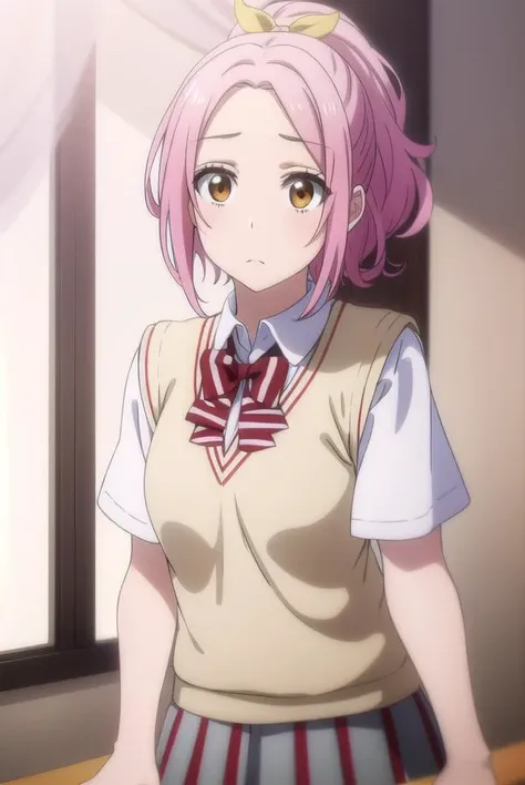 mariasarushima, <lora:maria sarushima s1-lora-nochekaiser:1>,
maria sarushima, short hair, (brown eyes:1.3), pink hair, ponytail, ribbon, hair ribbon,
BREAK skirt, shirt, bow, school uniform, white shirt, short sleeves, pleated skirt, striped, bowtie, red bow, grey skirt, sweater vest, striped bow, striped bowtie,
BREAK indoors, classroom,
BREAK looking at viewer,
BREAK <lyco:GoodHands-beta2:1>, (masterpiece:1.2), best quality, high resolution, unity 8k wallpaper, (illustration:0.8), (beautiful detailed eyes:1.6), extremely detailed face, perfect lighting, extremely detailed CG, (perfect hands, perfect anatomy),