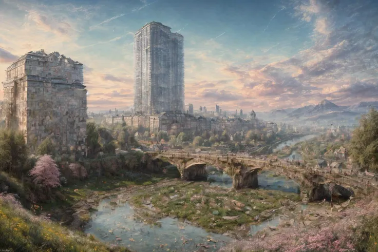 (RAW photo, 8k uhd, Analog style, Masterpiece, Best Quality, Highres:1.4), (dramatic, cinematic:1.2), BREAK,
shot of colorful hyperdetailed fantastic fantasy mysterious magic landscape, above clouds, (medieval elven fantasy (village:1.35), (steampunk:1.05) (peasant:1.15) (robots:1.1) (crowd:1.35), playing (little steampunk (girl:1.25):1.1), (farm:1.31), (lake, (river:1.14):1.15), (bridges:1.4), (waterfalls:1.35), (boat:1.4), (dock:1.1), (cliff:1.35), road, (green:1.05) valley, (flowers:1.2), (maple trees:0.65), (green:1.05) (fields:1.3), (fences:1.3), (snowy:1.17) (pines:1.1), (pink:1.0) (flowering tree:1.12):1.22), BREAK,
((mountains:1.22), (futuristic:1.15) (overgrown:1.27) (skyscrapers:1.53) (ruins:1.35), (market, water wheel, castle:1.14), (colorful houses:1.2), birds, stairs, spaceport, ((bright morning sun daylight:1.05) rainbow pure (blue:1.05) sky, glowing:1.05), starry, crescent, meteor, ((fluffy cloud:1.2), godrays, light particles:1.05), various seasons, steam, smokes:1.2), BREAK,
(photorealistic:1.2), (intricate:1.3), (light theme:1.3), (inspiring joyful atmosphere:1.2), (fabulous, fantasy, mysterious, science fiction, post-apocalypse, incredible, amazing, happy, sunny, pastoral:1.2), (hyperdetailed, absurdres:1.2), (colorful, saturated:1.4), colorful lighting, BREAK,
<lora:more_details:1>,
