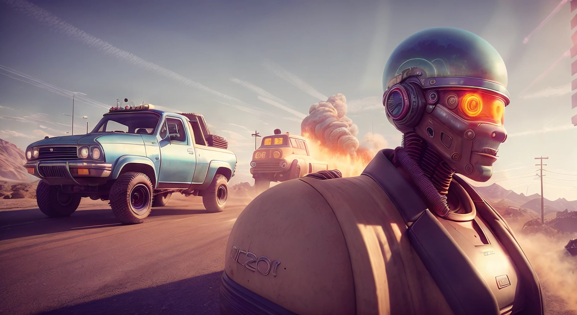an analog style photo of a synthwave style man driving a truck in a postapocalypse dessert being chased by a swpunk cyborgdiffusion battle bot, with a close up of an elden ring style native american woman holding a dreamlikeart knollingcase looking at the camera, posed in a modelshoot style,, cinematic shot photo taken by ARRI, photo taken by sony, photo taken by canon, photo taken by nikon, photo taken by sony, photo taken by hasselblad incredibly detailed, sharpen, details professional lighting, photography lighting 50mm, 80mm, 100m lightroom gallery behance photographys unsplash
