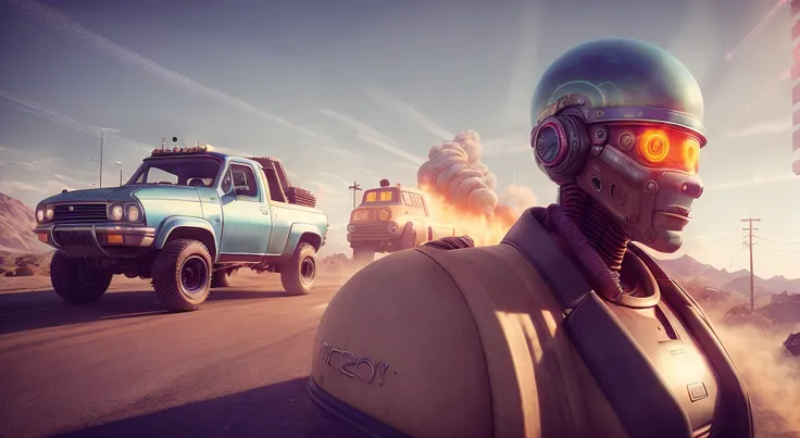 an analog style photo of a synthwave style man driving a truck in a postapocalypse dessert being chased by a swpunk cyborgdiffusion battle bot, with a close up of an elden ring style native american woman holding a dreamlikeart knollingcase  looking at the camera, posed in a modelshoot style,, cinematic shot photo taken by ARRI, photo taken by sony, photo taken by canon, photo taken by nikon, photo taken by sony, photo taken by hasselblad incredibly detailed, sharpen, details professional lighting, photography lighting 50mm, 80mm, 100m lightroom gallery behance photographys unsplash