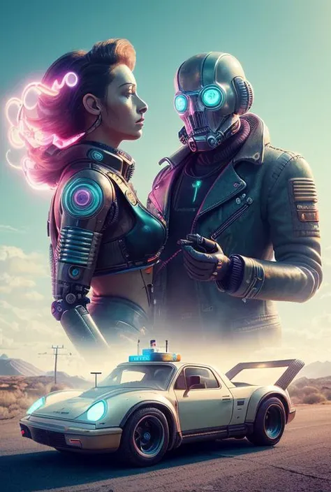 an analog style photo of a synthwave style man driving a truck in a postapocalypse dessert being chased by a swpunk cyborgdiffusion battle bot, with a close up of an elden ring style native american woman holding a dreamlikeart knollingcase  looking at the camera, posed in a modelshoot style,, cinematic shot photo taken by ARRI, photo taken by sony, photo taken by canon, photo taken by nikon, photo taken by sony, photo taken by hasselblad incredibly detailed, sharpen, details professional lighting, photography lighting 50mm, 80mm, 100m lightroom gallery behance photographys unsplash
