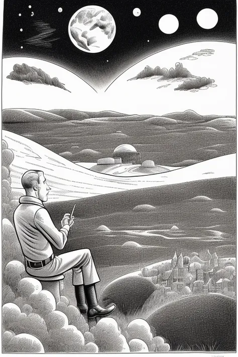 pen and ink, illustrated by herg�, Background space and earth. man alone forever. Sadness