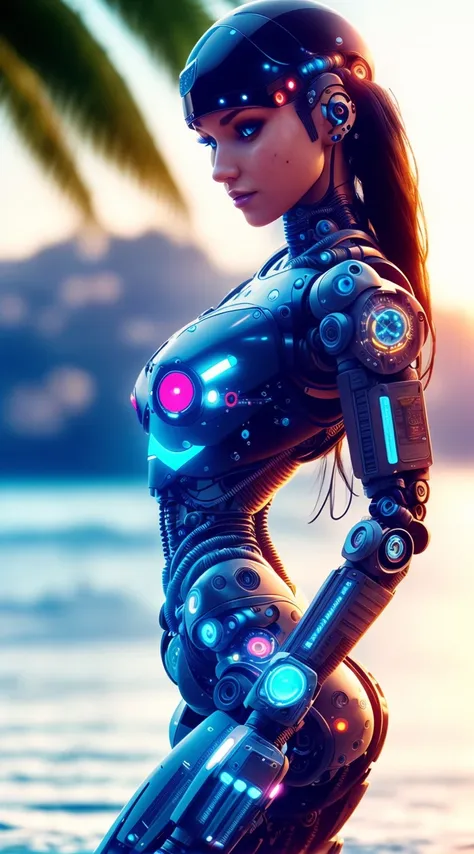 (full body), (from side:1.3) 8k photography full body view (cyborg girl:1.45) in a ((( bikini ))). mechanical arms, (thin robotic spine:1.5), standing in shallow water on an island. orange cyan violet colors, ((runic tattoos)), on a jungle background on a shore. strap leather ((bracelets)), slim, small breasts, bare feet, athletic, women touching foreheads, smile, soft, low light, intricate fabric, delicate fabric, lace, (((tattoos))) , ((skimpy)), nude, athletic, sci-fi, cyborg, ebony, onyx skin , ((robotic jaw))