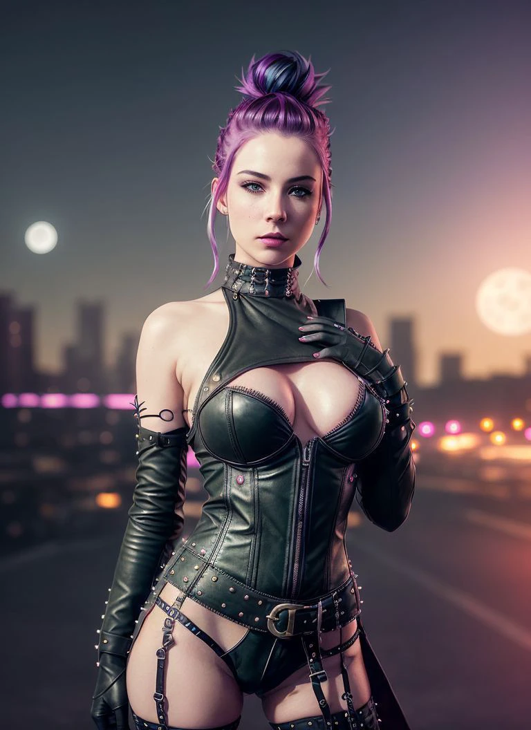 photo realistic, highly detailed, sexy pose of a beautiful ((topless)) (swpunk:1.2) woman, purple hair green eyes,
dreamy face expression, perfect nipples, epic character composition, sharp focus, outdoors,
magical blood moon in the night sky, lumen global illumination, curled dark hair blowing in wind,
synthwave style dark night in the city,
delicate leather gloves