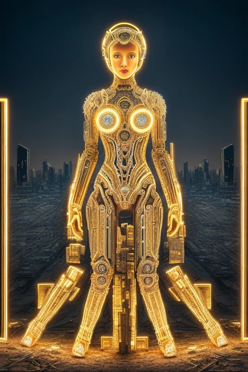close up of a woman nude standing at night in a post apocalyptic fractal city, (photograph:1.3), (masterpiece:1.1), front lit, golden hour, (colouring book:1.5)