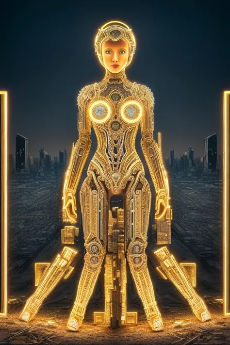 close up of a  woman nude standing at night in a post apocalyptic fractal city, (photograph:1.3), (masterpiece:1.1), front lit, golden hour,  (colouring book:1.5)