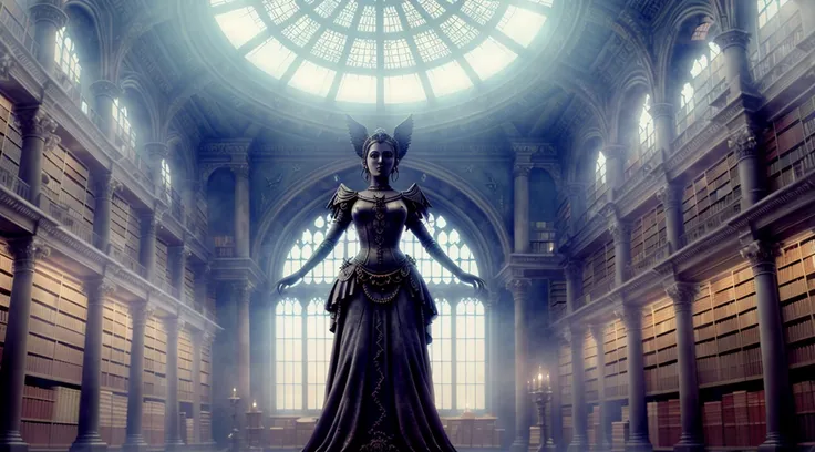 (spooky) photography of arcane magical (library), abandoned intricate detail, many levels, (horror), dusty. ((statue)) (((female girl woman))), close up middle ages, medieval, (nude, wings), podium, jewelry, (realistic:1.3), masterpiece, high quality, realistic lighting, lamps, 8k, hdr, painted ceiling, (broken windows), ((ritual pentagram floor molten glowing altar)) circle, steampunk chapel middle ages