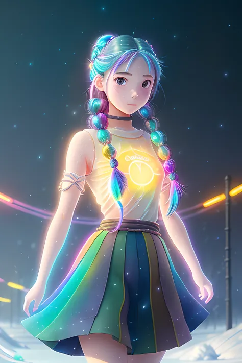 masterpiece, (studio ghibli:0.9), Beautiful glowing girl on a snowy winter night, depth of field, (rainbow coloured hair twirling and braids), (Greg Rutkowski:1.1) anime, pixar (neon galaxies background:1.1) (trendy sexy skirt:0.9),