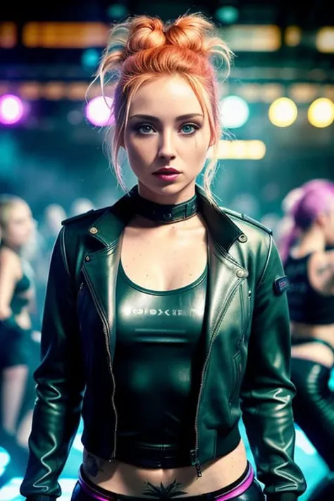 (masterwork:1.1), (photorealism:1.1), (1girl), a sporty female, no make up, (ahegao face:1.1), (sweat skin:1.1), global illumination, wavy auburn hair with blonde highlights, punk, (wearing a leather bolero jacket and spandex bra and hotpants), dancing, tear drop tattoo under eye, flushed, ((full body portrait)), alternative woman, (open mouth), (moaning), tattoos, detailed photograph, poster, high detailed, 8k, focus on lips, facing camera, 8k resolution, embarrassed, (orgasming), (partially closed eyes), nsfw, polished, HDR, 8k, sharp focus, focus on face, (small breasts:1.1), (dark heavy eyeliner and dark lipstick and lip liner:1.0), (at a dance floor in a crowded nightclub), at night, background lights, people in background, color photo, shallow depth of field, natural light, (perfect hands), perfect face, damp hair