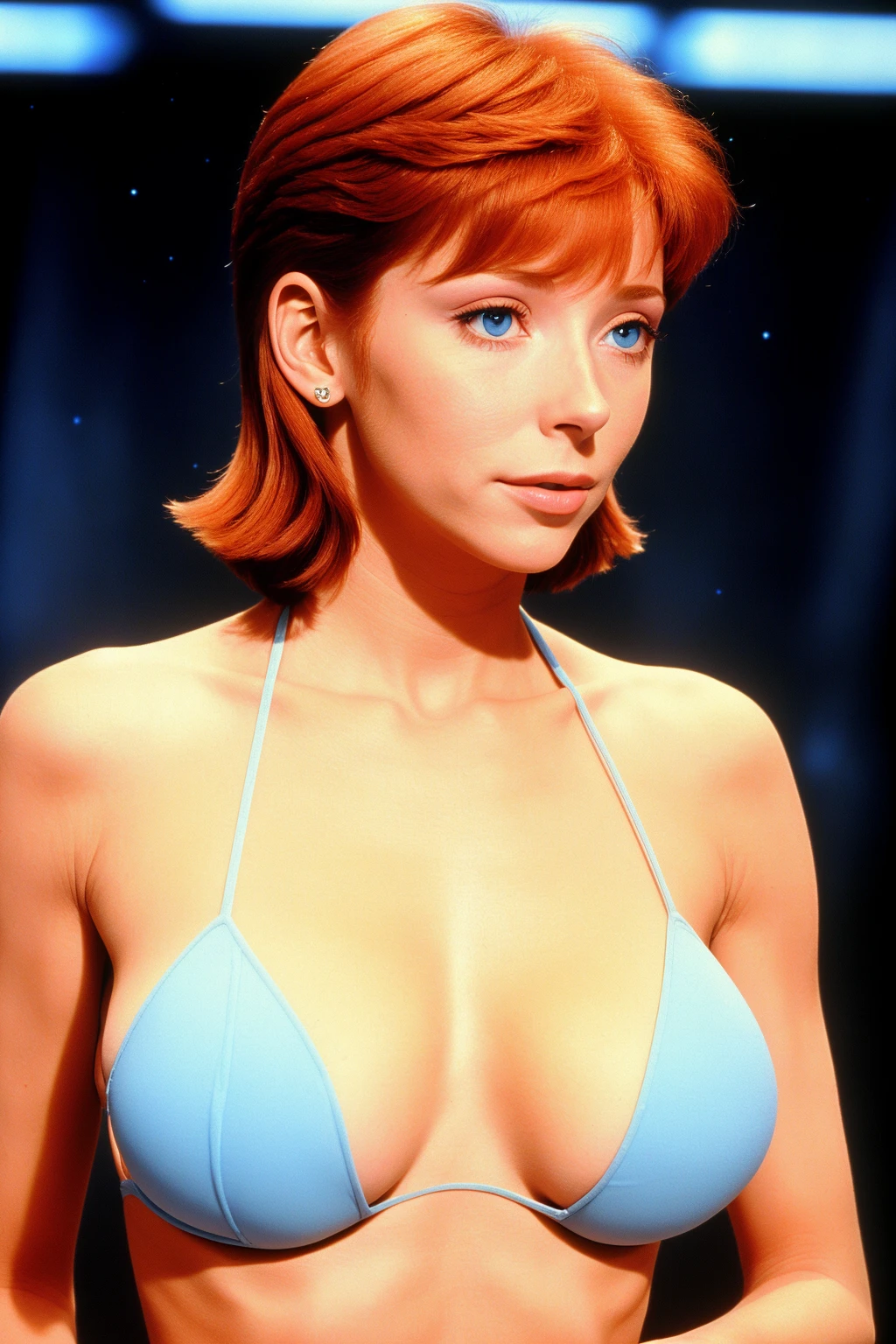 (skinny:1.2) (22 year old mylene farmer:1.0) with (big boobs:0.99) translucent skin in star trek, (photograph:1.3), (masterpiece:1.3), (colouring book:1.1) , (transparent bikini :1.2), (camel toe:1.0), (blue eyes:1.1), (overbite:1.0), (transporter:1.0)