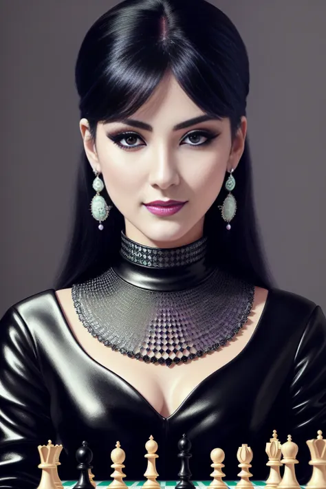 masterpiece, 4k, beautiful goth woman playing chess, best quality, highres, purple and black hair, looking at viewer, black turtle neck, realistic painting, intricate, smile, (realistic eye:0.9), (realistic painting:0.9), beautiful mint eyes, small earring