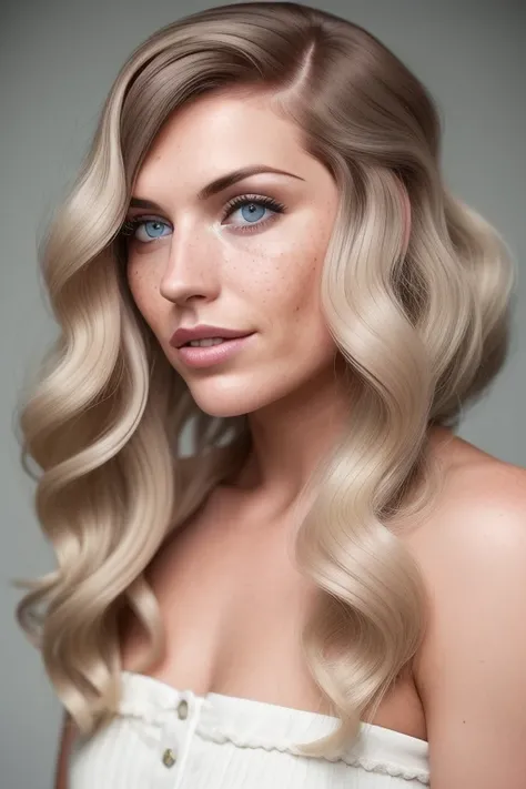 woman 30s (freckles:0.8) photograph hairstyle wavy highlights side parting